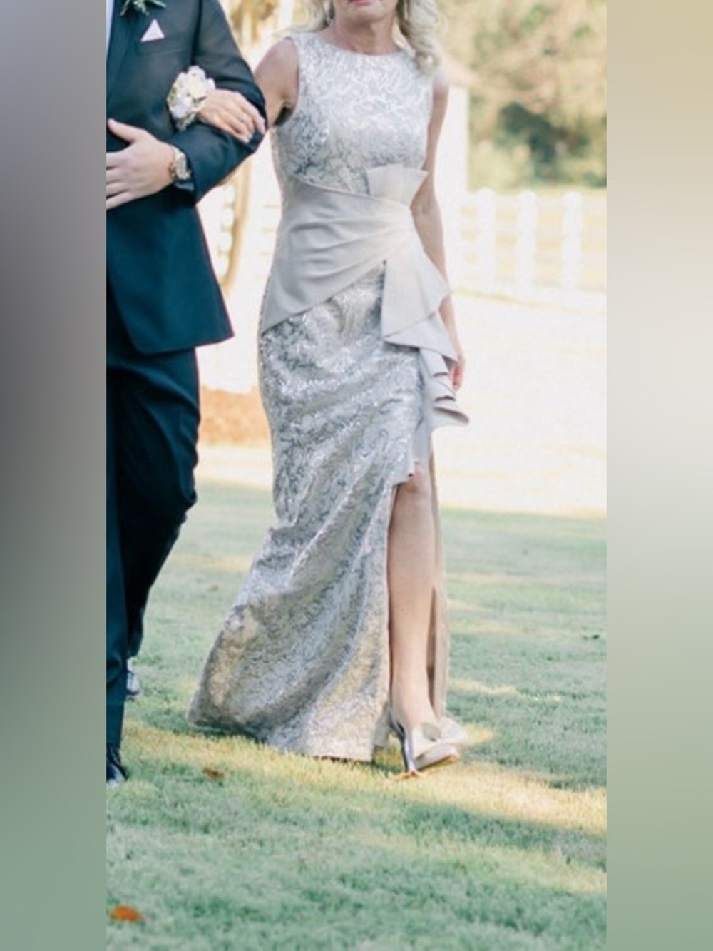 Eliza J Champagne Sequin High-Low Ruffle Evening Dress